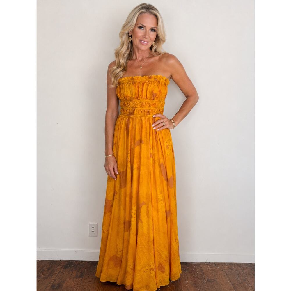SLATE & WILLOW Yellow Orange Sunset Floral Strapless Pleated Dress size 10 - Picture 7 of 16